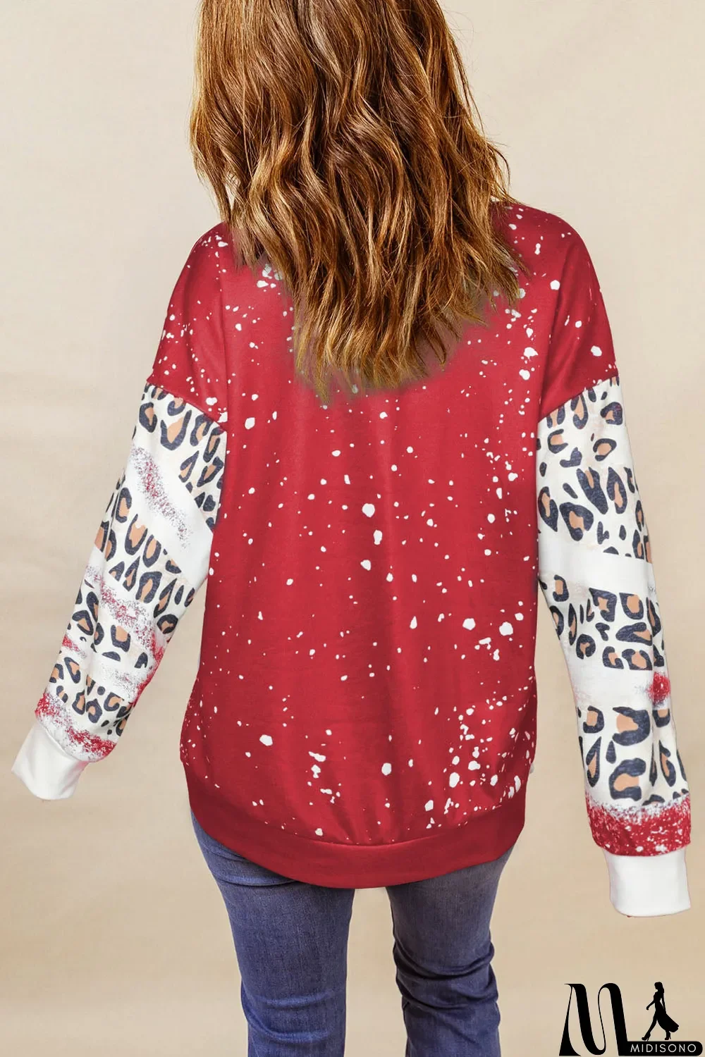MidiSono - Red Christmas Tree Leopard Bleached Print Pullover Sweatshirt