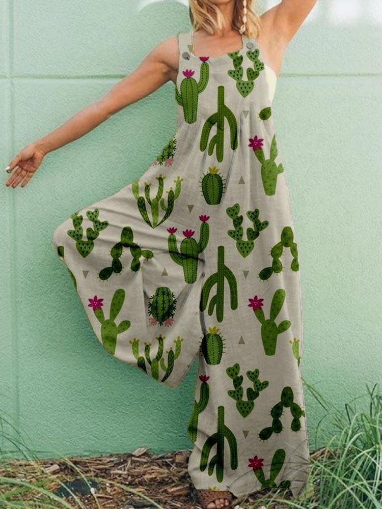 Casual Plus Size Cute Cactus Pockets Jumpsuit