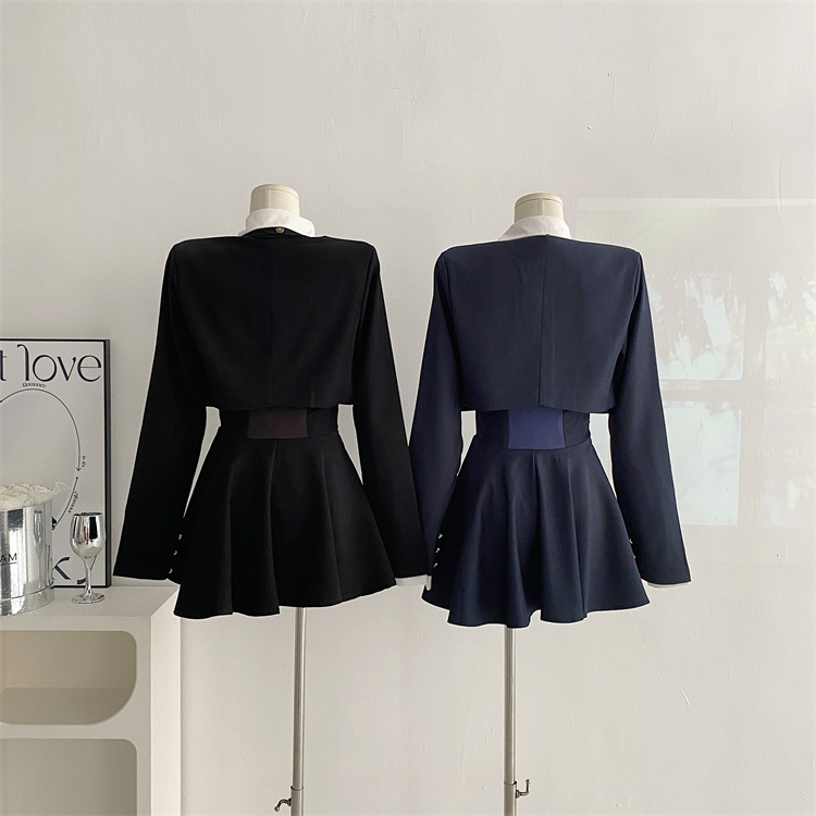 Y2K 3 Piece Set Women Cropped Coat + Long Sleeve Shirt + High Waist Halter Ruffles Mini Dress Korean Chic Fashion Sexy Outfits