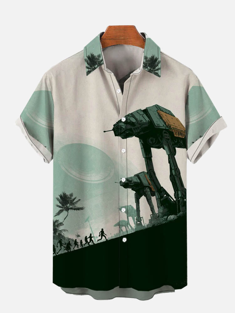 Tech Psychedelic Full Action Armored Walker Print Short Sleeve Shirt PLUSCLOTHESMAN