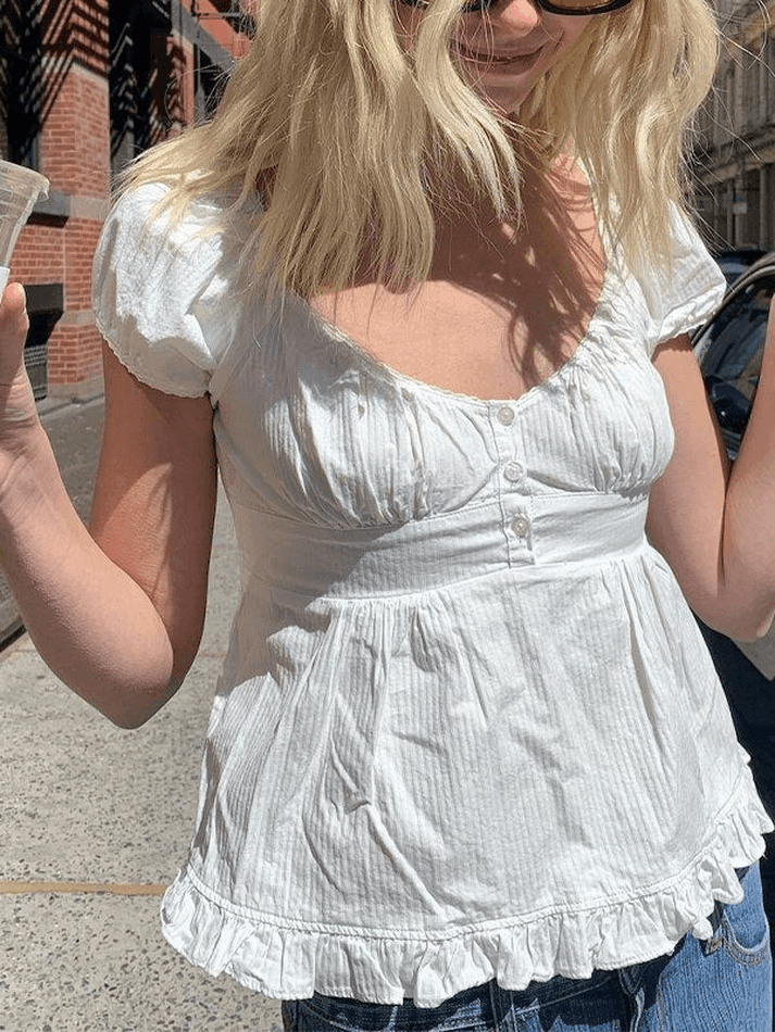 Brownm Puff Sleeve Buttoned Ruffle Blouse