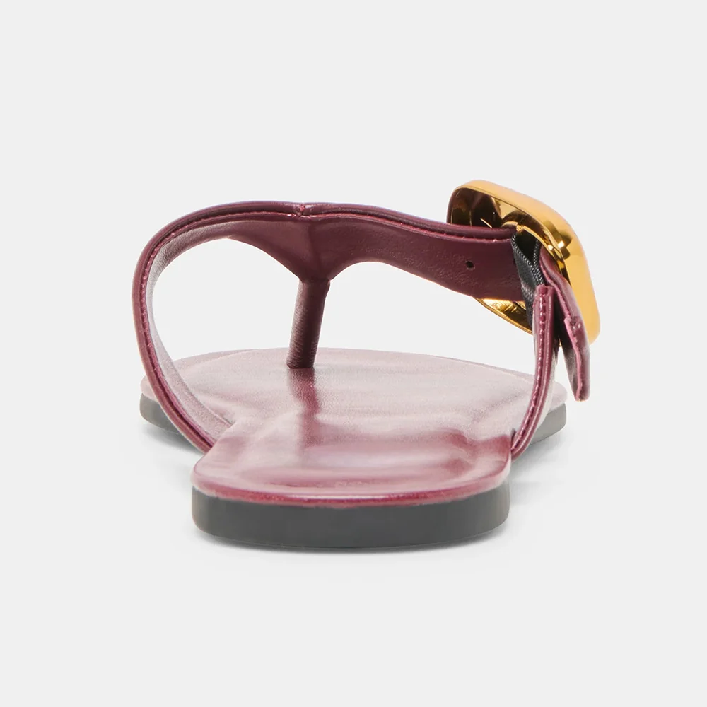 Casual Burgundy Open Round Toe Buckle Decor Flip Flops for Women