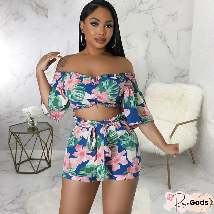 Sexy Print Tube Tops and Shorts Two Piece Set