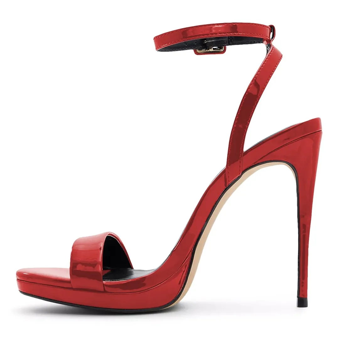 Red Round Toe Stiletto Heel Buckle Platform Ankle Strap Sandals