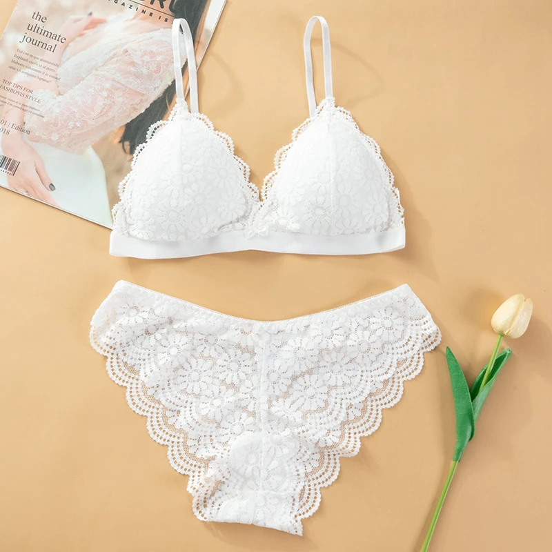 Dzgolf Women's Bra Set Sexy Beauty Back Tops Lace Push-up Bras and Panty Sets Wire Free Lingerie Solid Padded Intimates Underwear