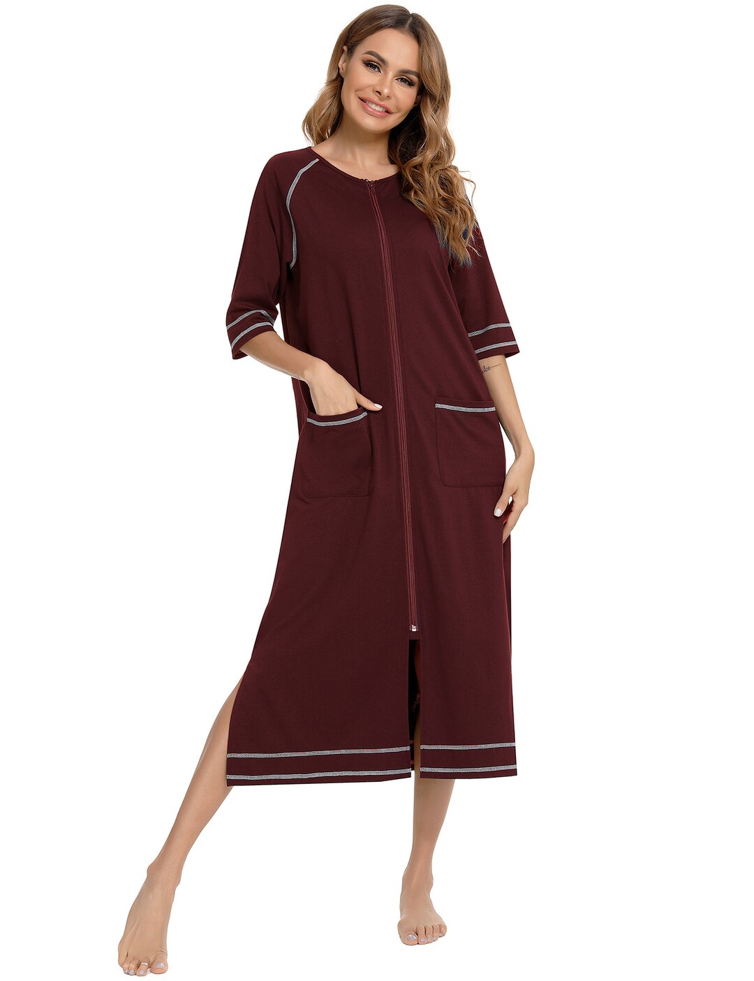  thdmladies Zipper Front Sleepwear Striped Nightdress thedmladies