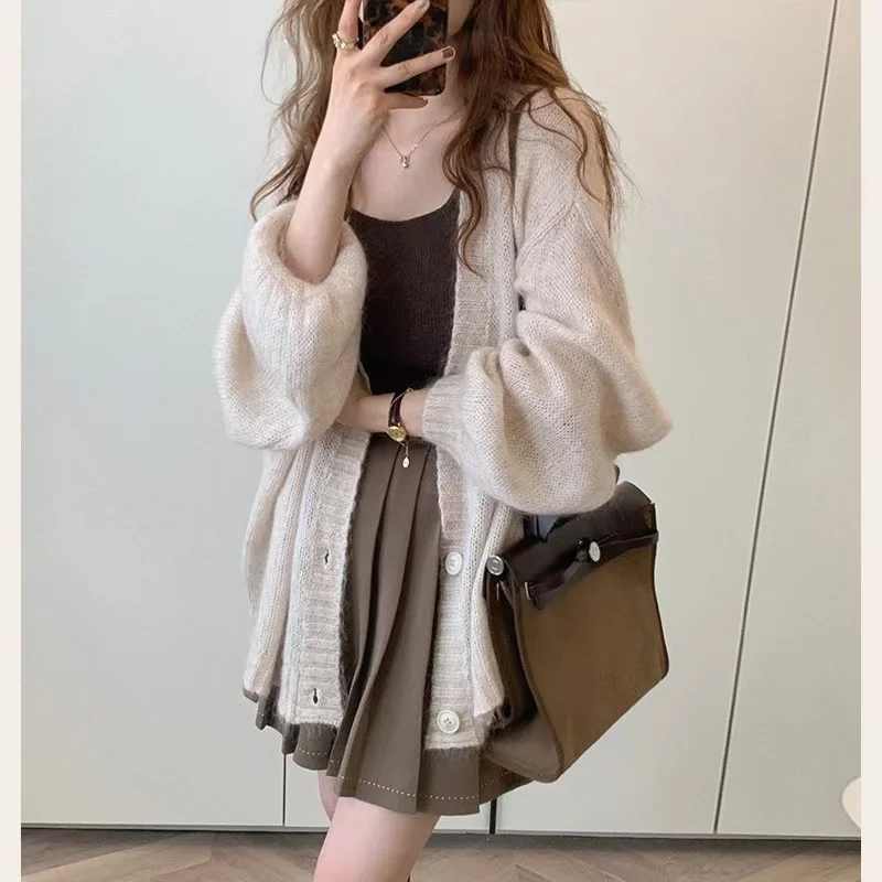 Ueong Ueong Korean Version Of Large Size Soft Waxy Lazy Wind Coffee Color Sweater Knit Loose Cardigan Female Spring And Autumn With A Thin Coat