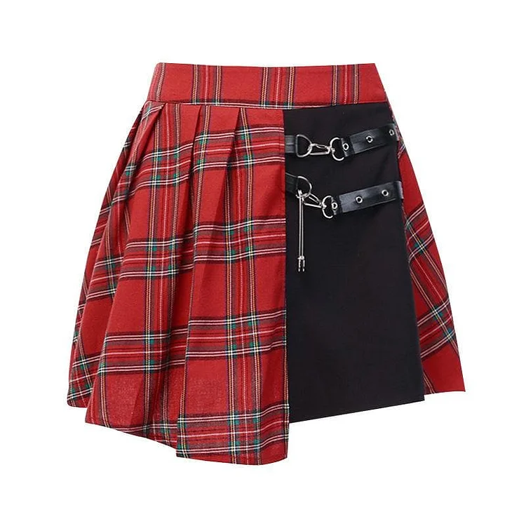 Red Plaid Punk Patchwork Pleated Skirt SP14697