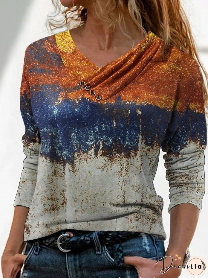 T-Shirts Printed Cross V-Neck Button Long Sleeve T-Shirt for Women