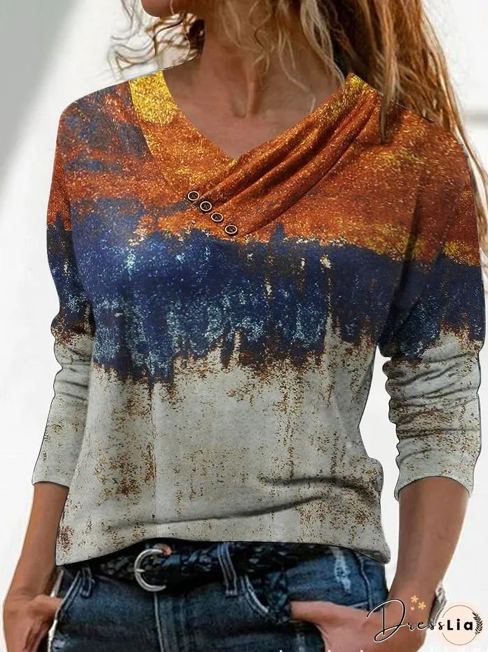 T-Shirts Printed Cross V-Neck Button Long Sleeve T-Shirt for Women