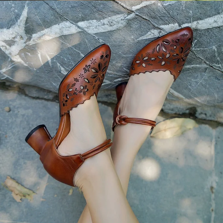 Women Handmade Leather Pumps Flowers Ankle Strap Formal Office Shoes For Women Original Design Gray/Coffee shopify Stunahome.com
