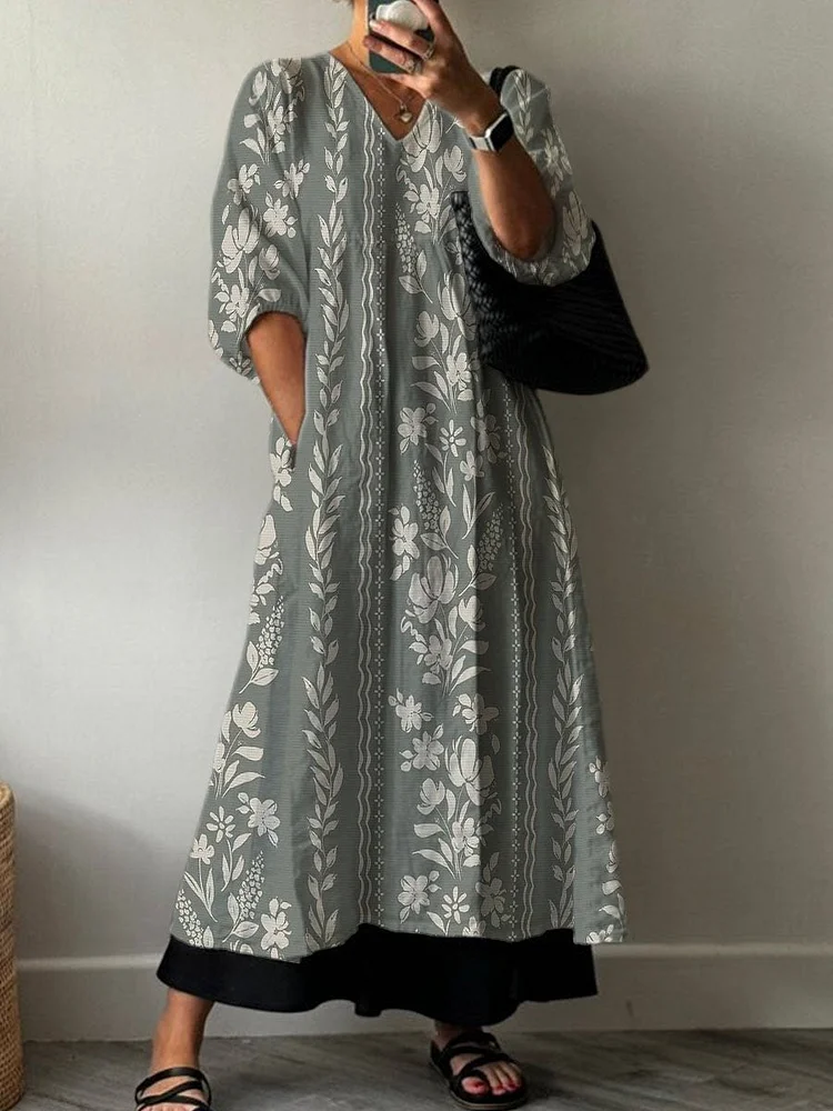 Elegant Two-tone Floral Decorative Pattern Pocket V-neck Cotton Dress