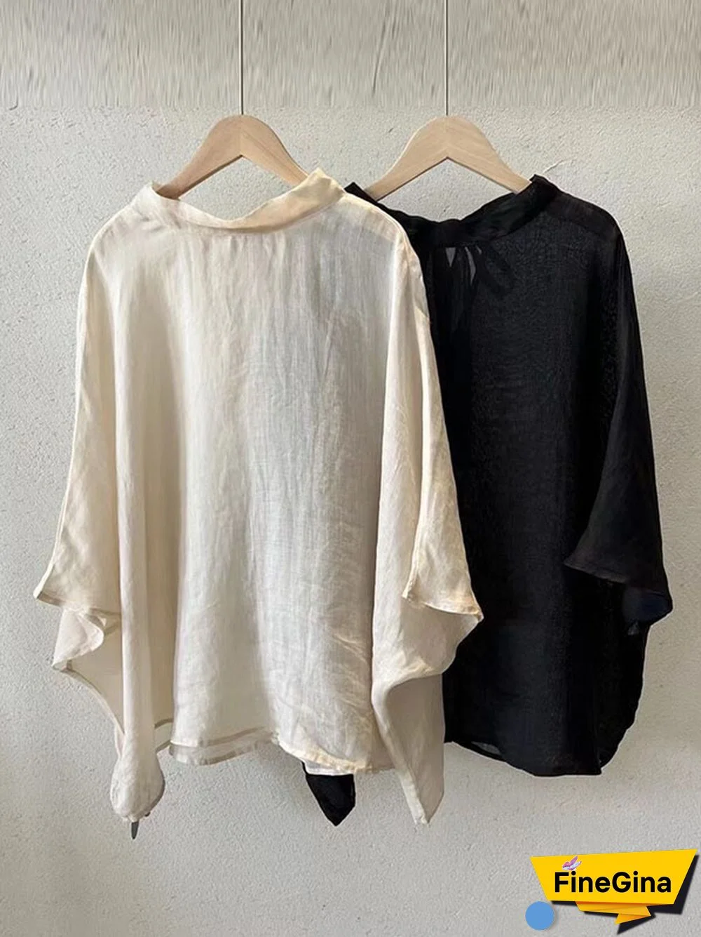 Batwing Sleeves Loose Lace-Up See-Through Solid Color Stand Collar Shirts Tops