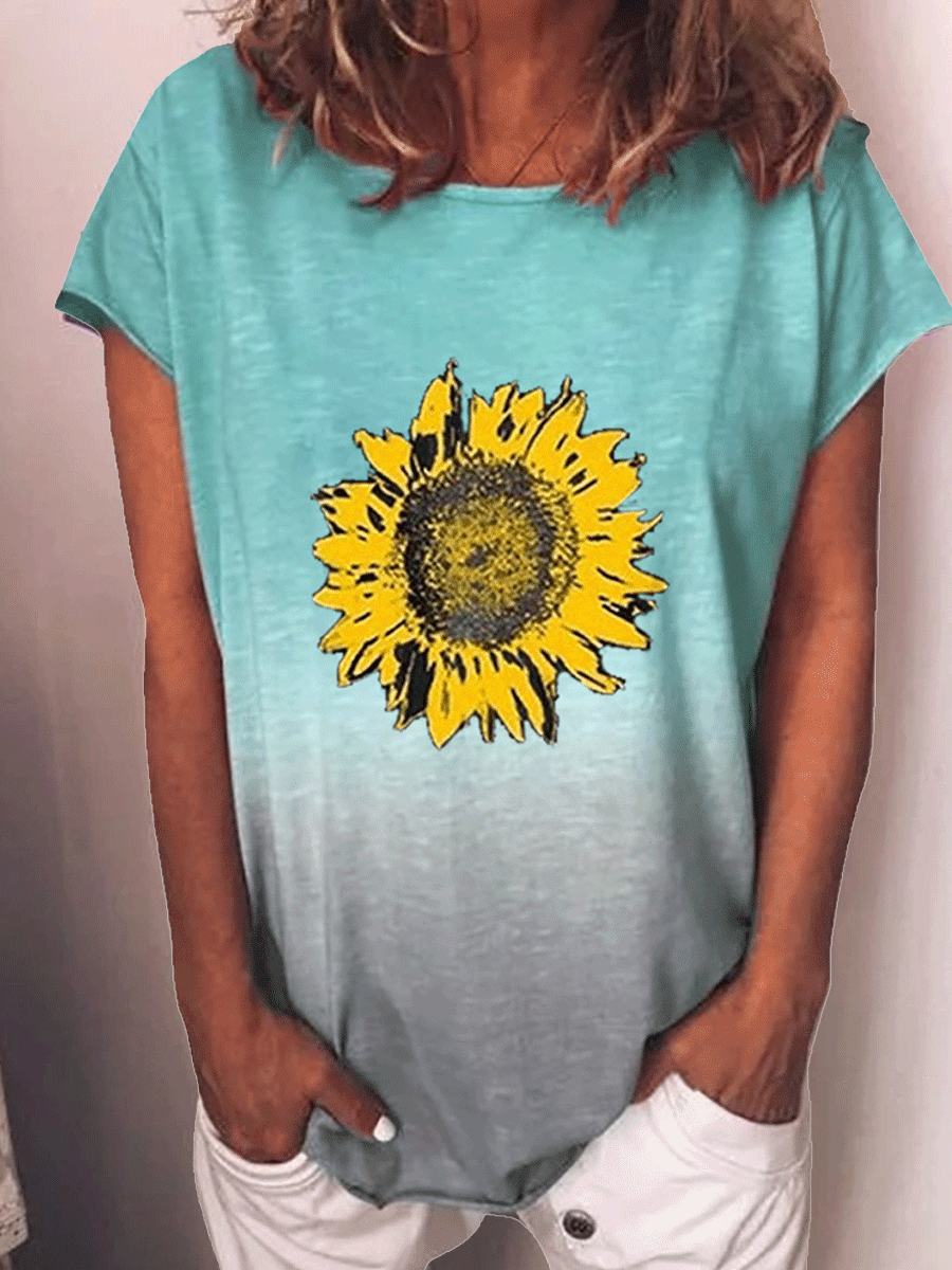 Rainbow Gradient Sunflower Print T-shirt