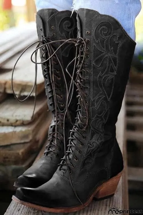 Laser Cut Lace Up High Boot