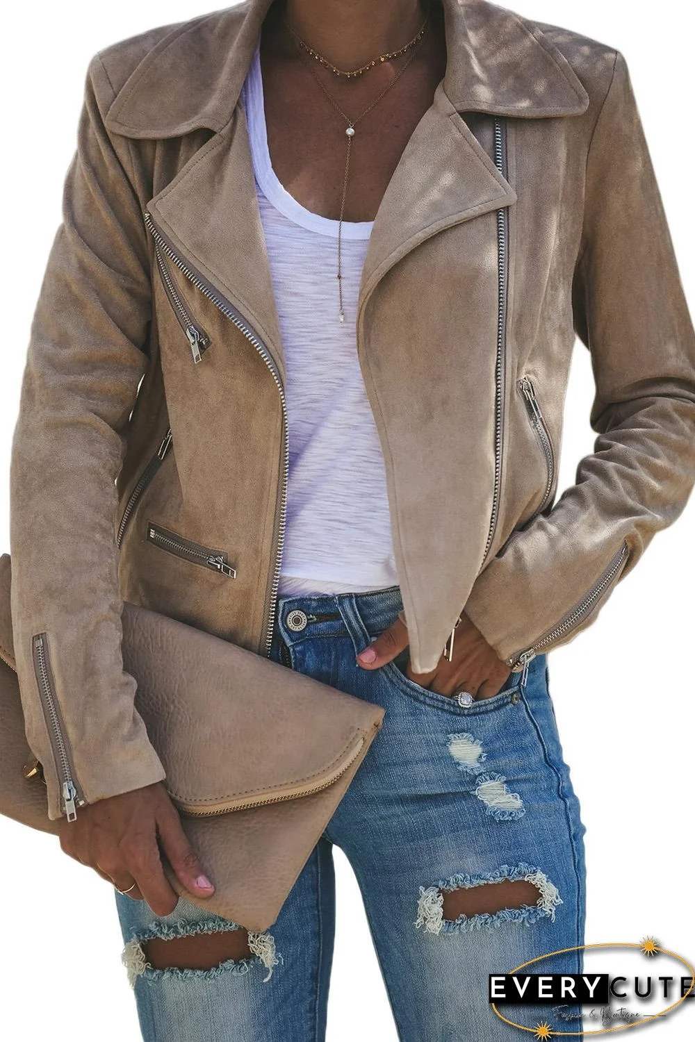 Khaki Zipped Notch Collar Short Jacket