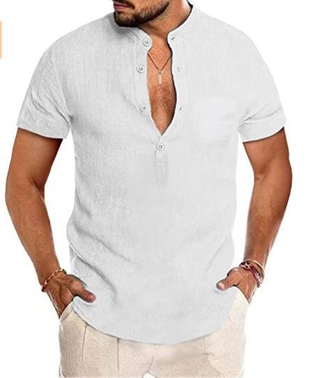 Men's Cotton Linen Henley Shirt Short Sleeve Casual T-Shirt Summer Beach Yoga Short Sleeve Shirt socialshop