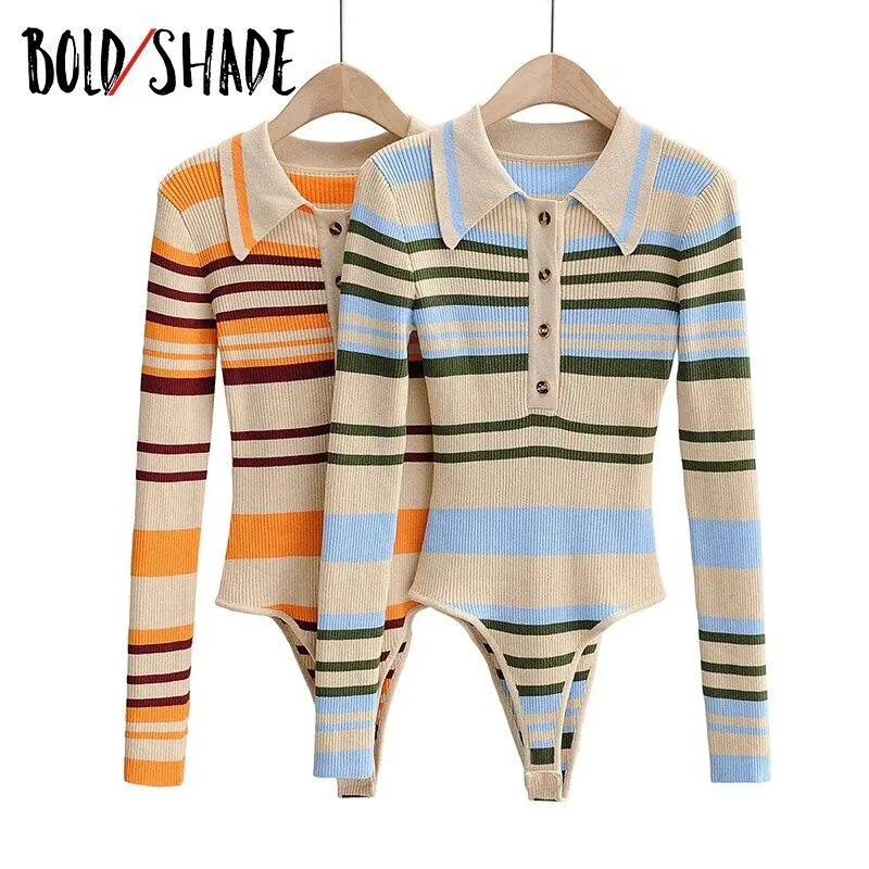 Bold Shade 90s Street Style Y2k Tops Colorblocking Striped Trun-down Collar Button Long Sleeve Indie Tee Slim Bodycorn T-shirts