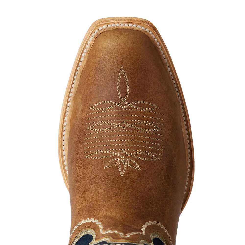 Brown & Navy Square Toe Stars Embroidered Cowgirl Mid-Calf Boots