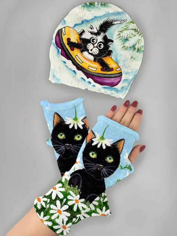 Vintage cat kitten print knitted hat + fingerless gloves set