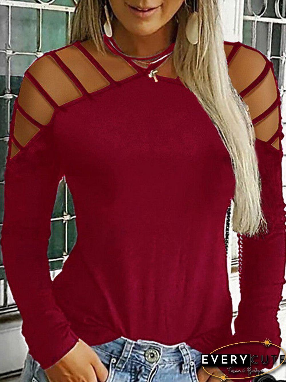 Women's Plus Size T-shirt Solid Colored Sexy Long Sleeve Halter Neck Tops Basic Top Black Blue Wine-829