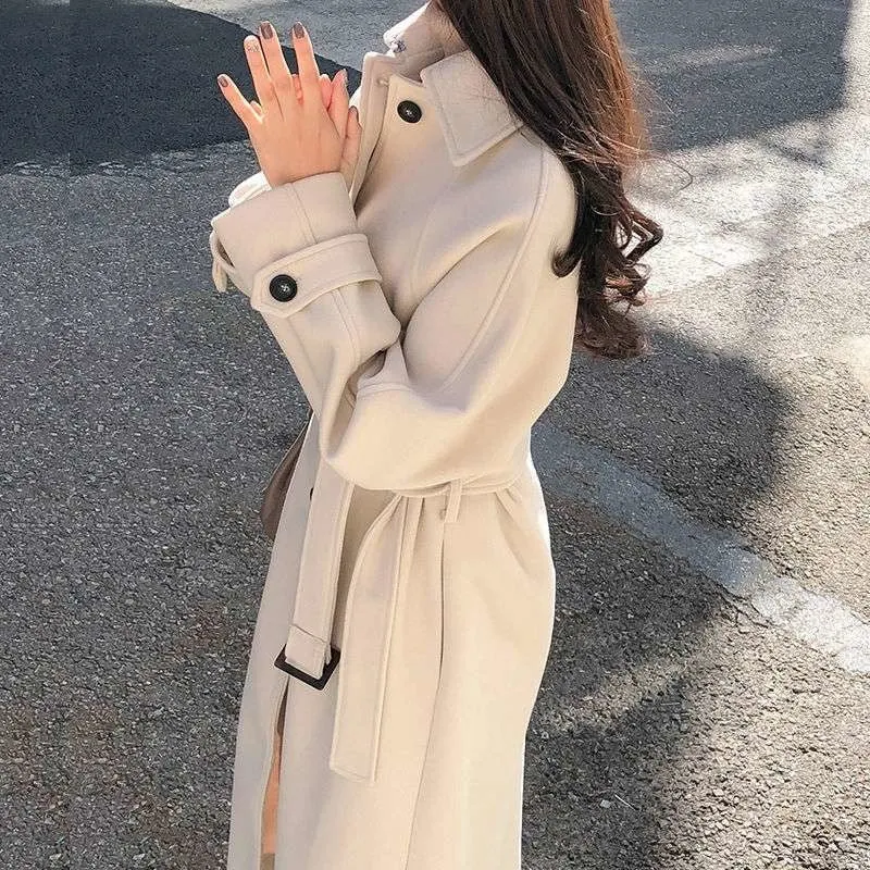 Coat Spring And Autumn 2021 Autumn And Winter Korean Version Thickened Cotton Sand Medium Length Waist Lace Up Wool Coat Women's