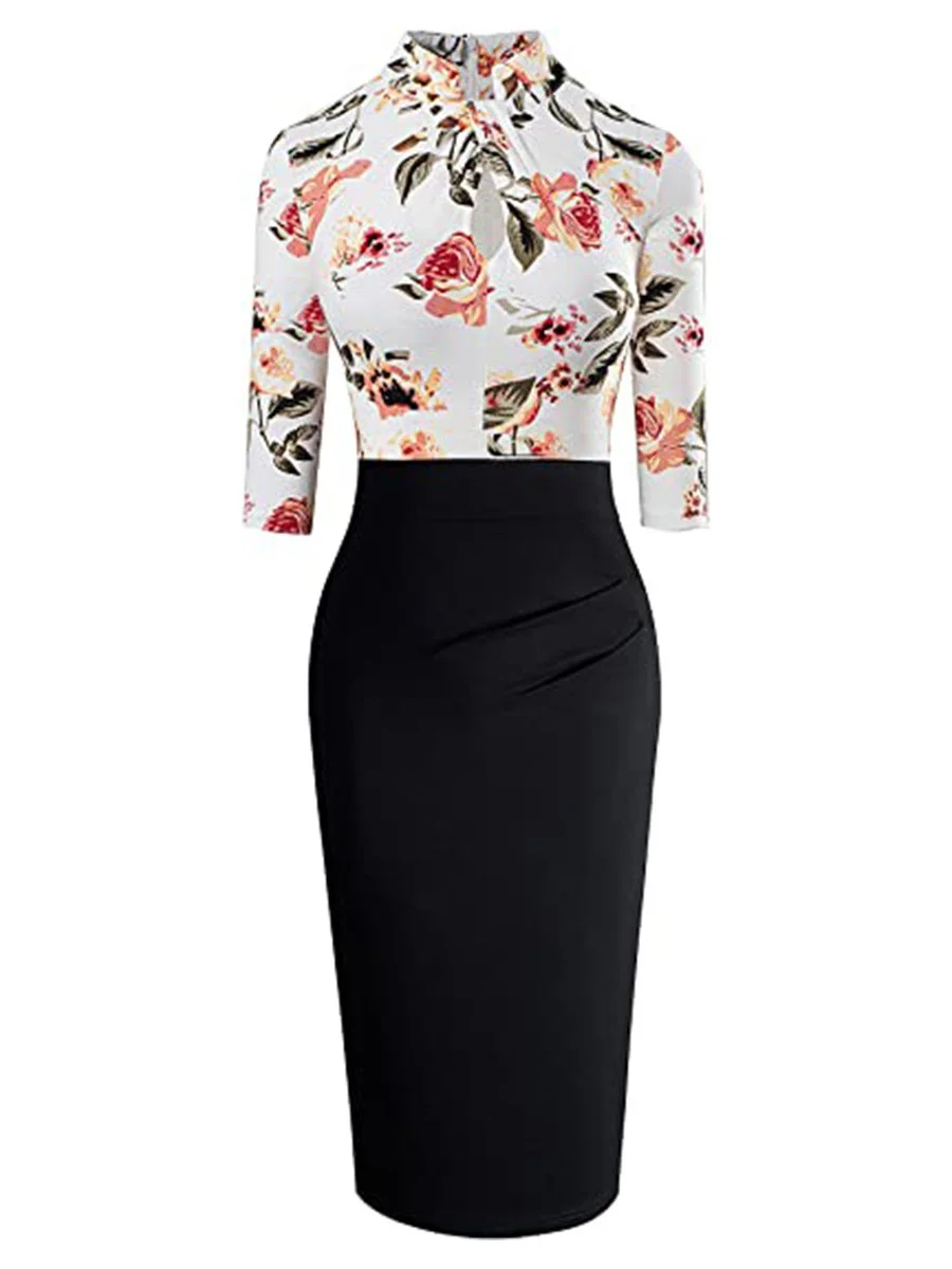 Women's Pencil Dress 3/4 Sleeve Floral Hollow Out Business Church Dress