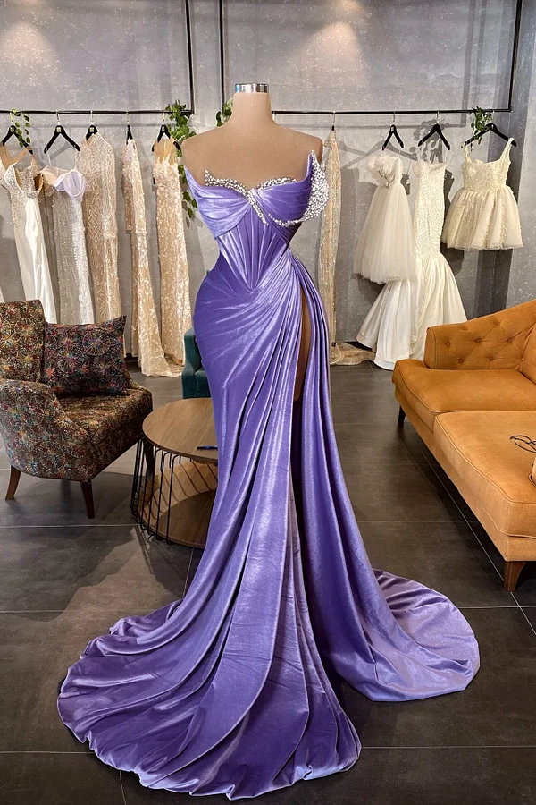 Daisda Glamorous Purple Sleeveless Strapless Pleated Split Prom Dress with Beadings