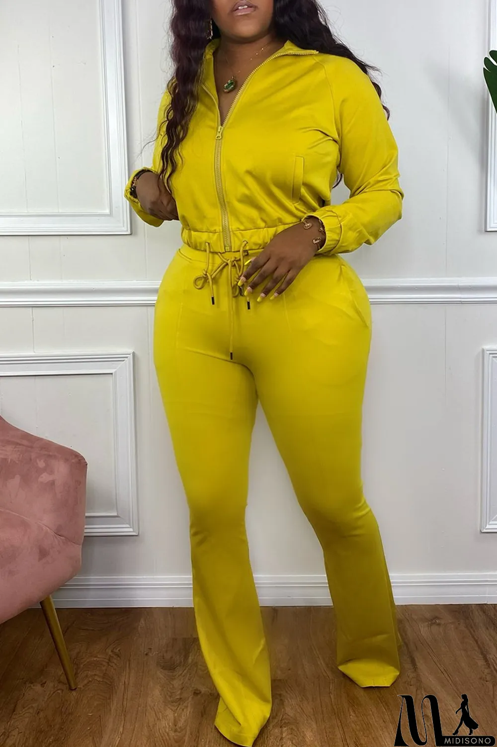 MidiSono - Yellow Fashion Casual Solid Basic Zipper Collar Plus Size Two Pieces