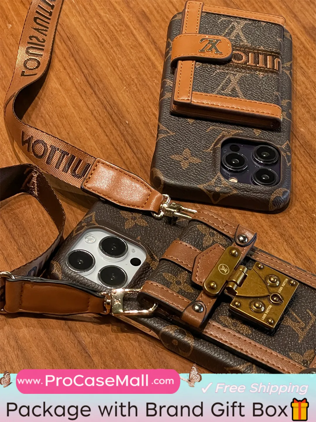 LV Canvas Leather Wallet Card Holder Crossbody Apple iPhone Case