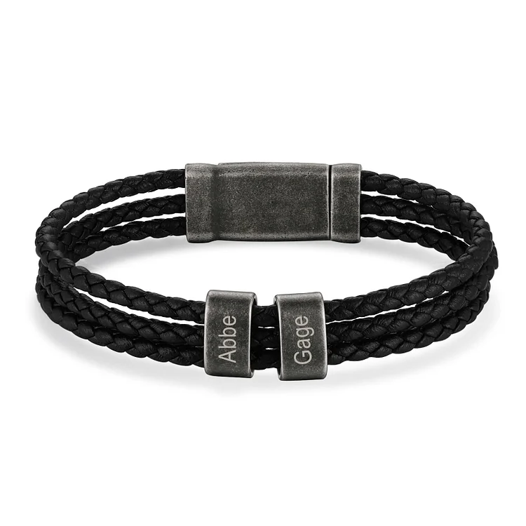 Personalized Men Leather Braided Bracelet Engraved 2 Names Three Layers Bracelet Vintage Gift For Him