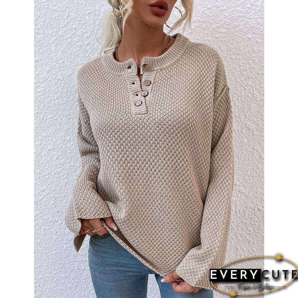 Khaki Button-up Crew Neck Drop Shoulder Knit Sweater