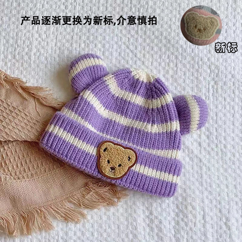 Autumn And Winter Children’s Warm Hat Cute Striped Bear Hat Korean Baby With Double Ball Knitted Hat Men’s And Women’s Treasure Hat