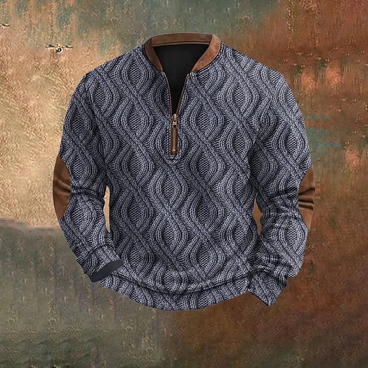 Utbros Vintage Knit Textured Pattern Zip-Up Sweatshirt