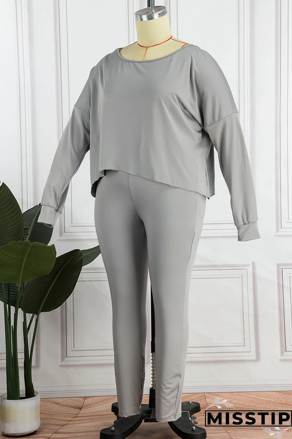 Grey Casual Solid Patchwork O Neck Plus Size Two Pieces