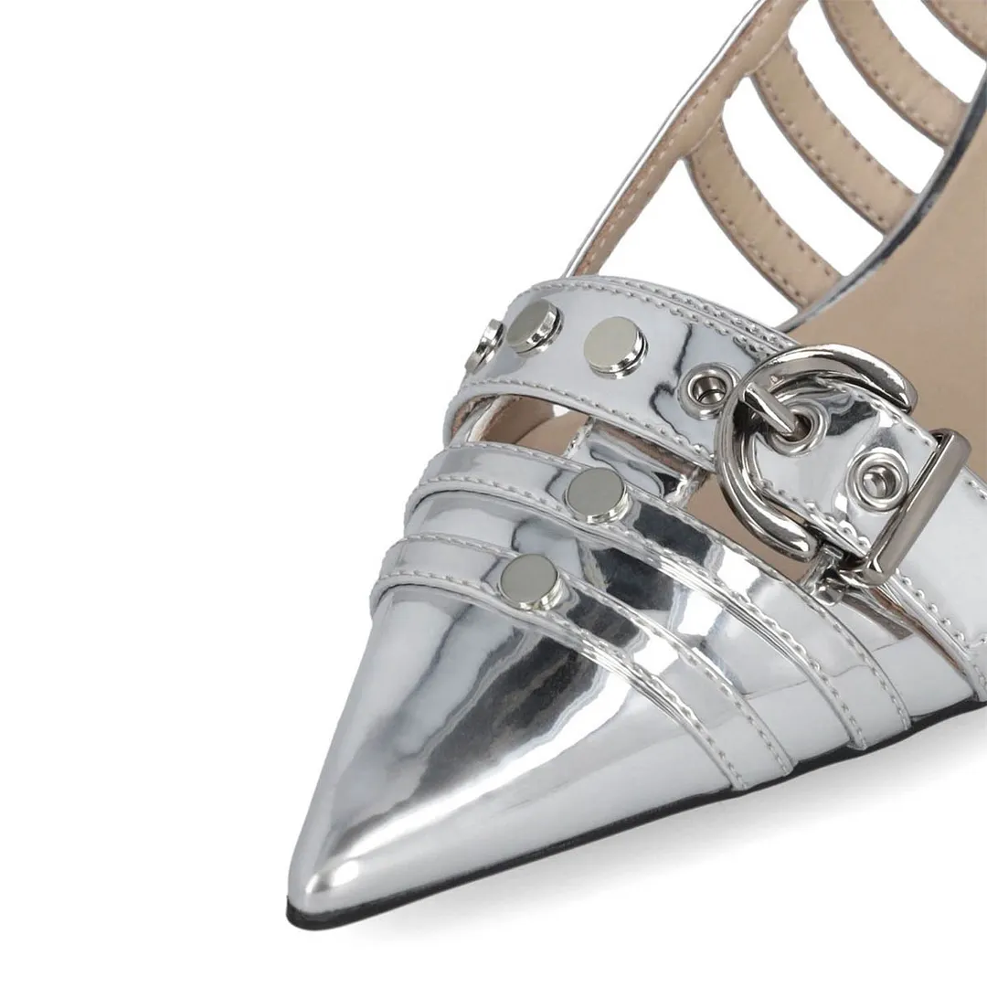 Silver Metallic Finish Pointed Toe Buckle Strap Pumps for Women
