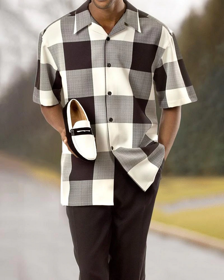 Two Piece Short Sleeve Print Walking Suit Set With Long Pants