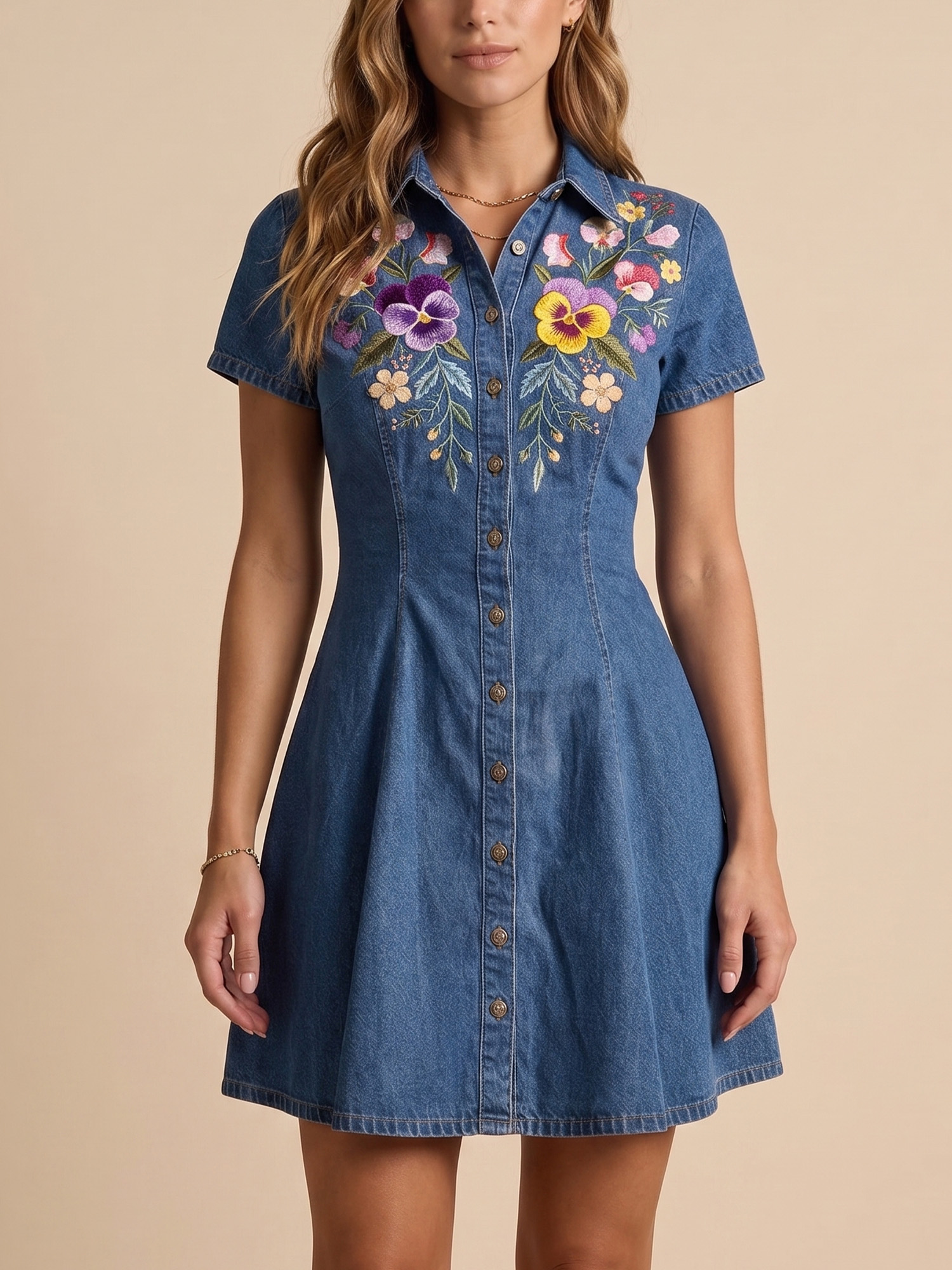 Western Dress &mdash; Denim Pansy Embroidered Short Sleeve Mini Dress