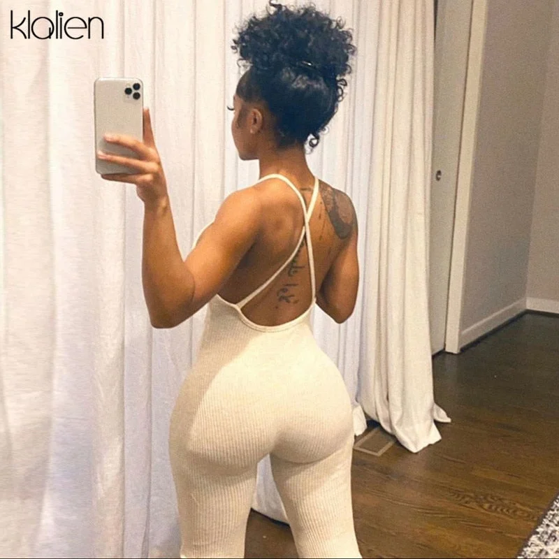 KLALIEN Summer Casual Sport Fitness Streetwear Female Jumpsuit Sexy V Neck Backless Skinny Elastic Jumpsuit Women Yoga Outfit