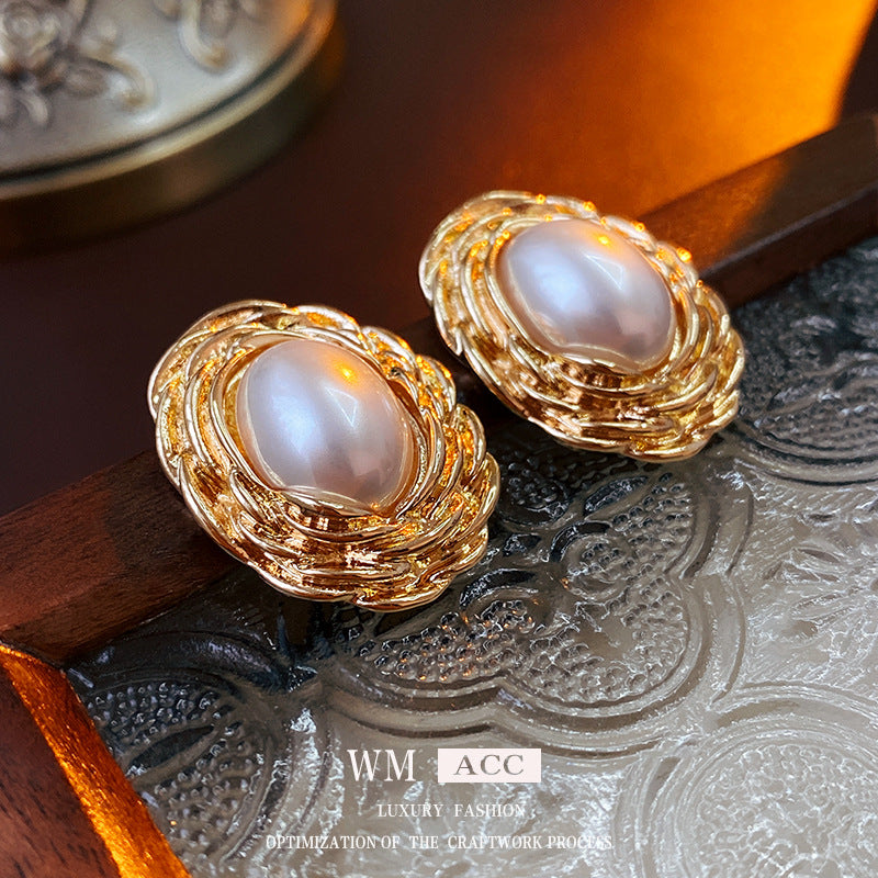 Mid-century Modern Ellipse Geometric Artificial Pearl Electroplating Earrings