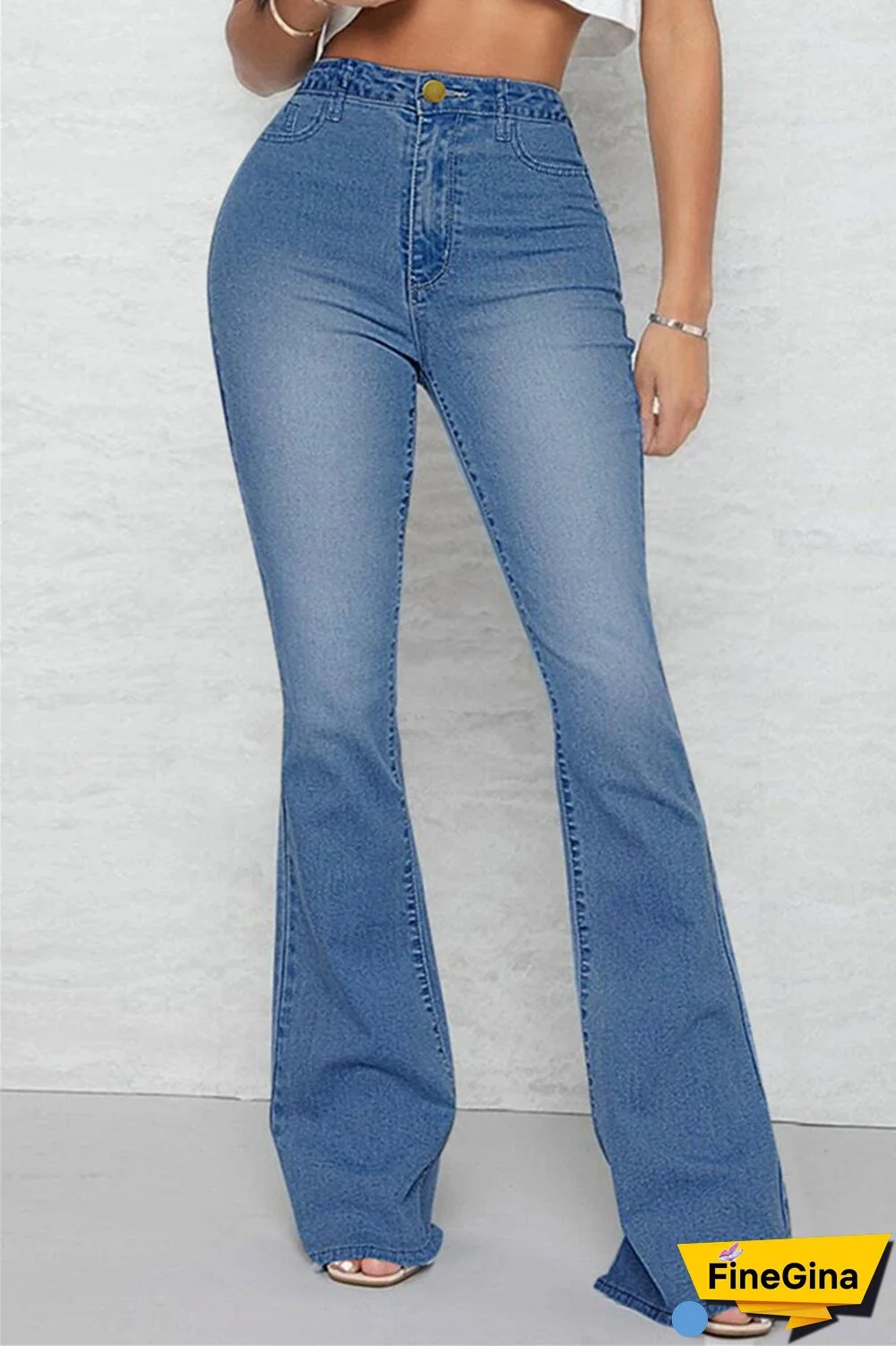 Baby Blue Casual Solid Patchwork Mid Waist Regular Denim Jeans