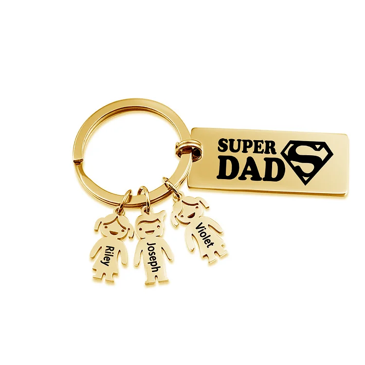 Father's Day Gift Personalized Super Dad Keychain Engraved 3 Kid Charms