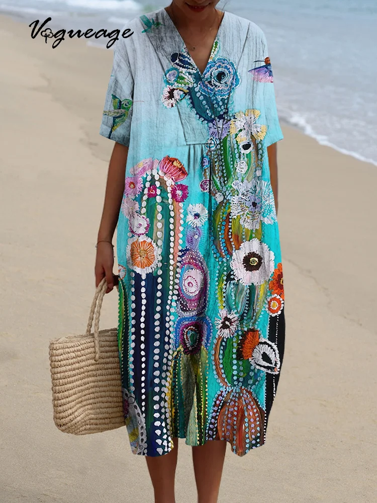 Elegant Cactus In Bloom Printed Women's Casual Cotton And Linen Dress