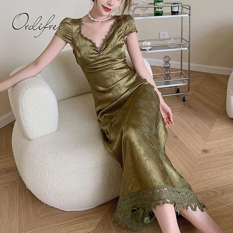 Ordifree 2021 Summer Women Satin Party Dress Sexy Backless Lace Up Vintage Print Lace Crochet Green Silk Long Dress