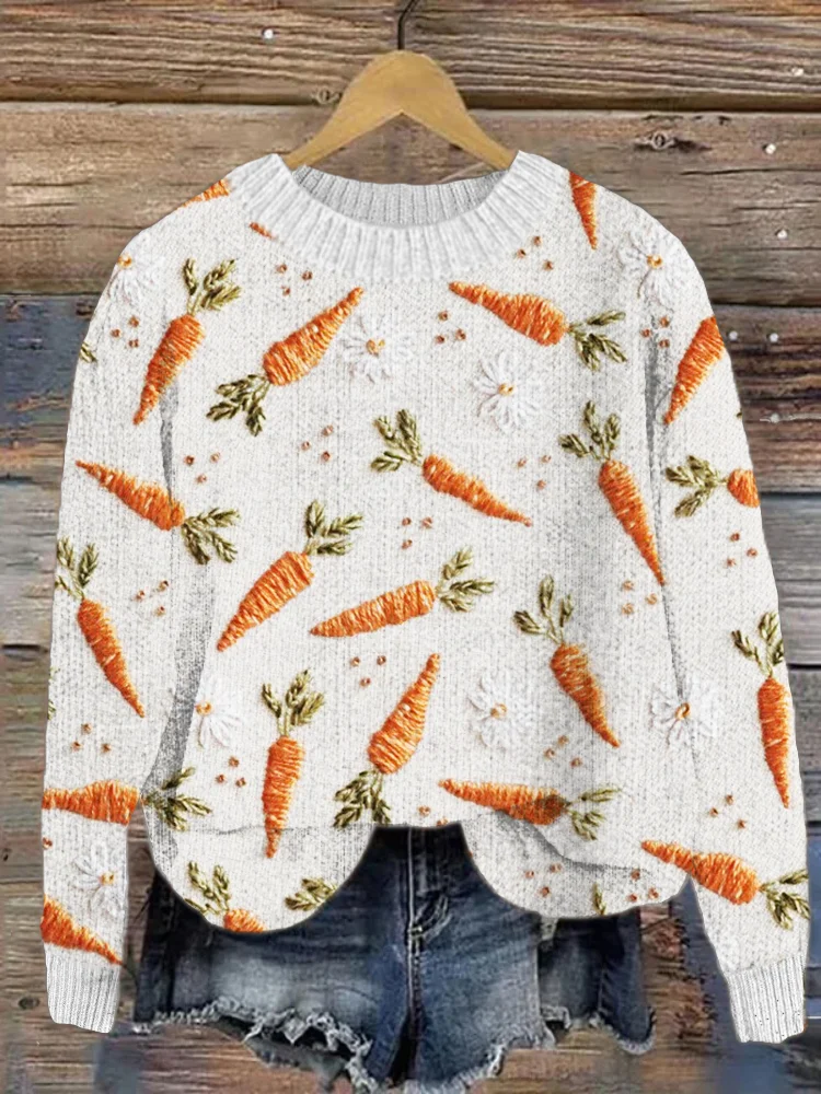 VChics Carrot Embroidery Cozy Knit Sweater