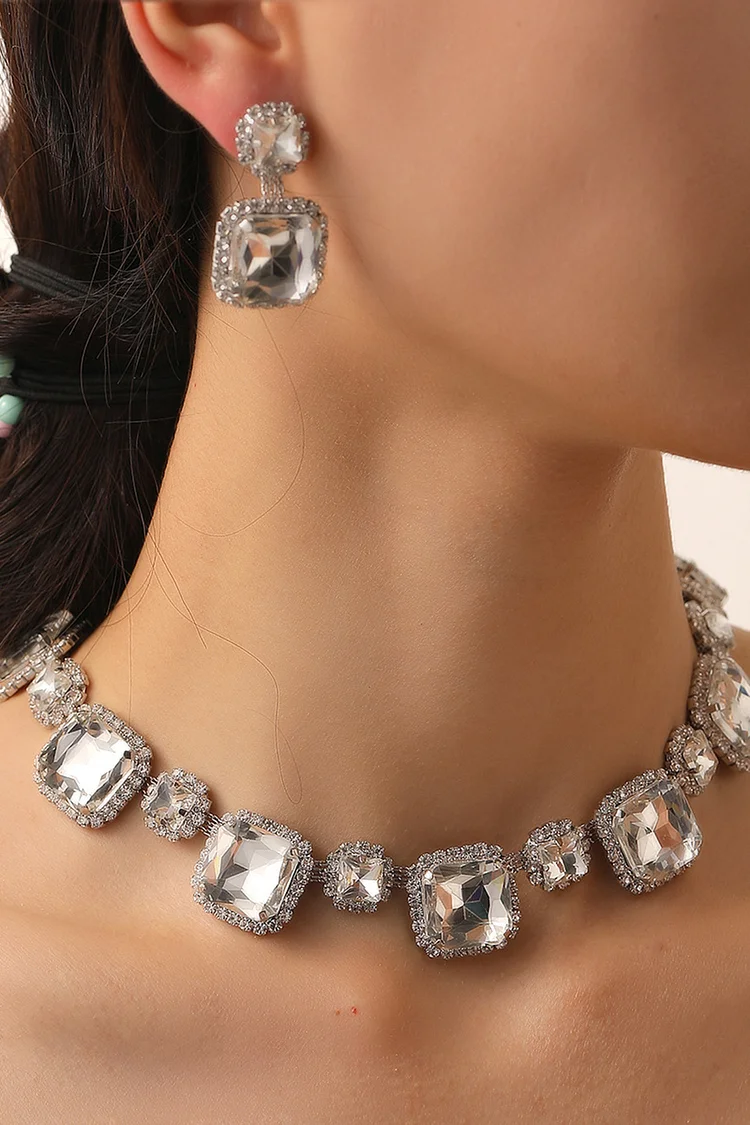 Party Exaggerated Rhinestone Square Shaped Earrings Necklace Jewelry Set 2024 - Xpluswear