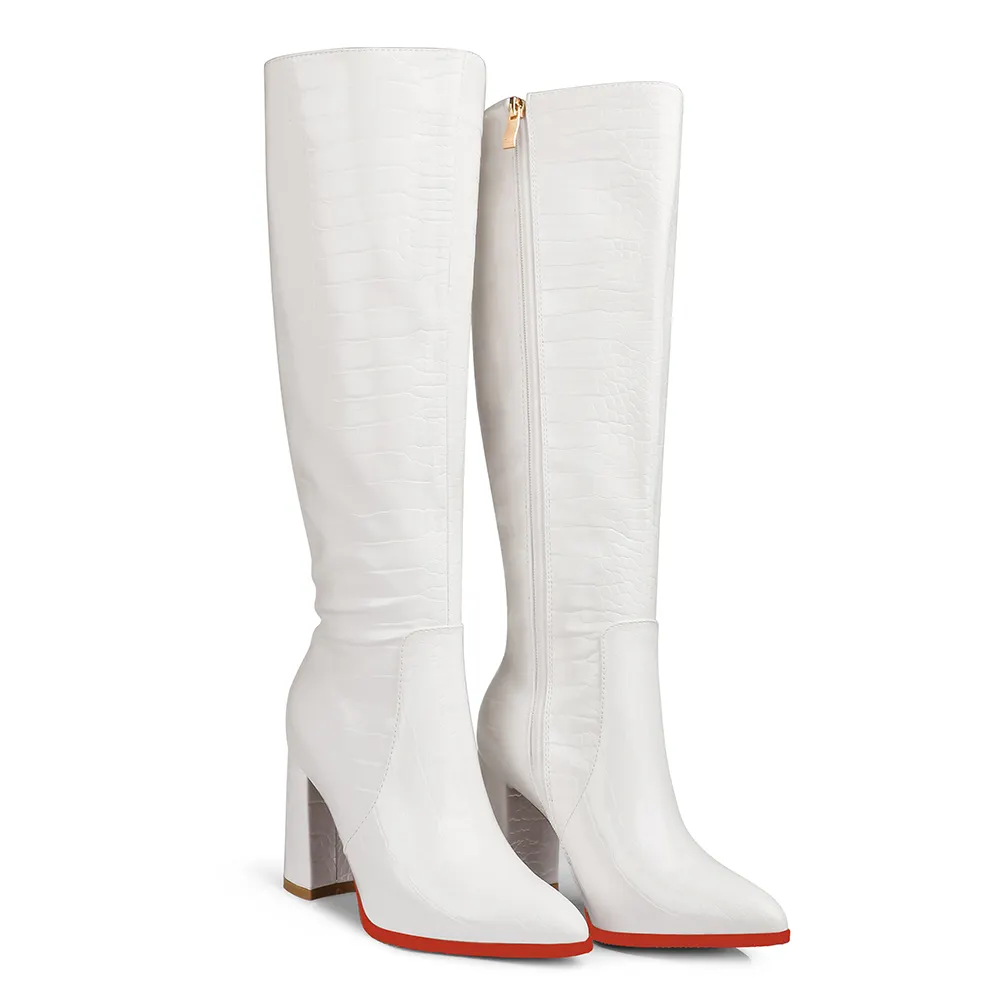 95mm/3.77 inch Fashion Zipper Crocodile Red bottom High Heels Knee-High Boots Thick Heel Pointed Toe Boots-vocosishoes