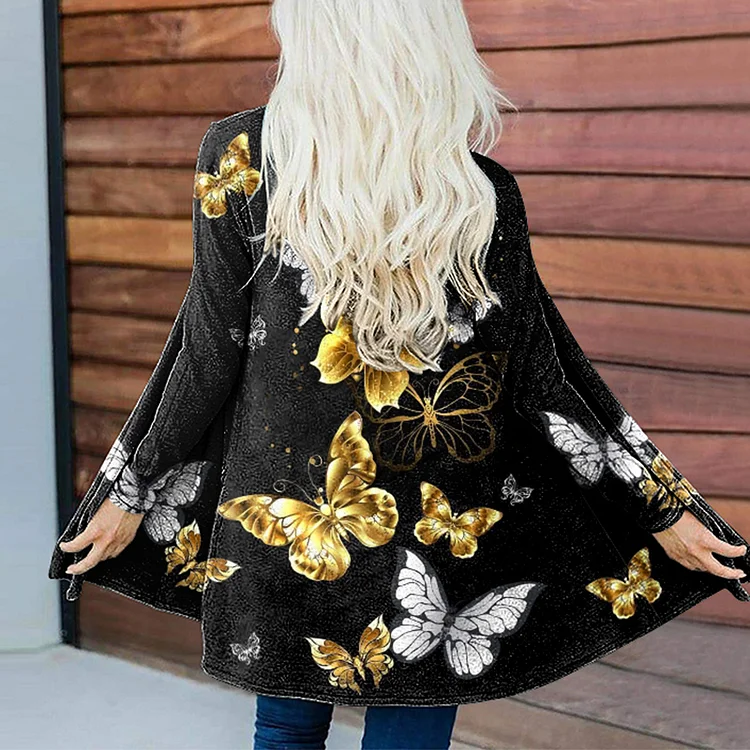 Vefave Butterfly Print Casual Long Sleeve Cardigan