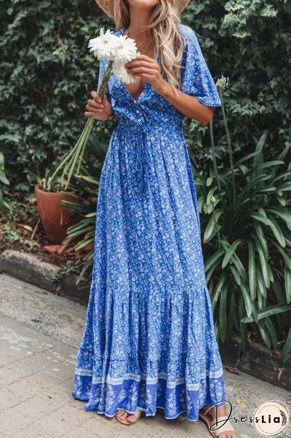 Fashion Elegant Print Split Joint V Neck Printed Dresses