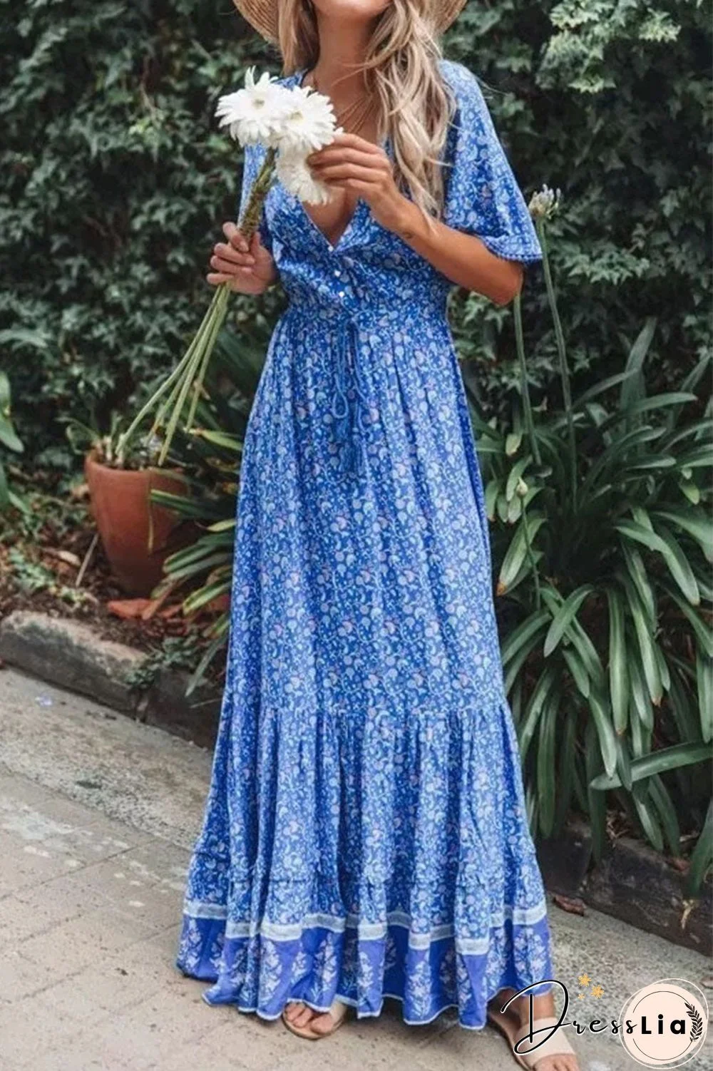 Fashion Elegant Print Split Joint V Neck Printed Dresses